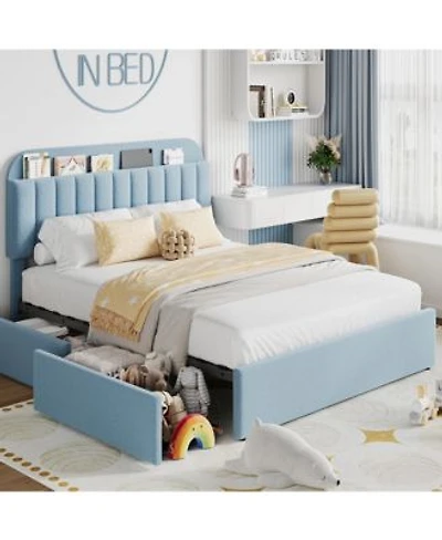 Homfan Twin Bed Frame With 2 Drawers Boucle Upholstered Bed With Bookcase Headboard Kids Bed Easy Assembly No Box Spring Noise Free