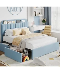 Homfan Twin Bed Frame With 2 Drawers Boucle Upholstered Bed With Bookcase Headboard Kids Bed Easy Assembly No Box Spring Noise Free