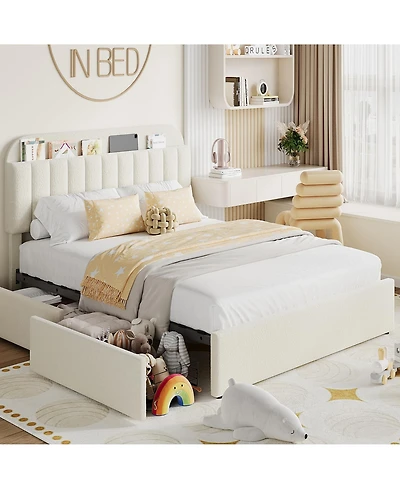 Homfan Twin Bed Frame with 2 Drawers, Boucle Upholstered Bookcase Headboard, Kids Bed, Easy Assembly, No Box Spring