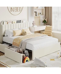 Homfan Twin Bed Frame with 2 Drawers, Boucle Upholstered Bookcase Headboard, Kids Bed, Easy Assembly, No Box Spring