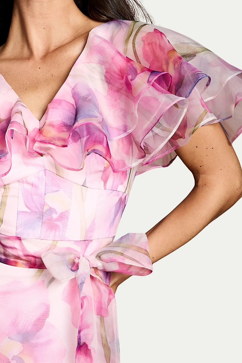 Coast Women's Printed Organza Ruffle Sleeve Midi Dress