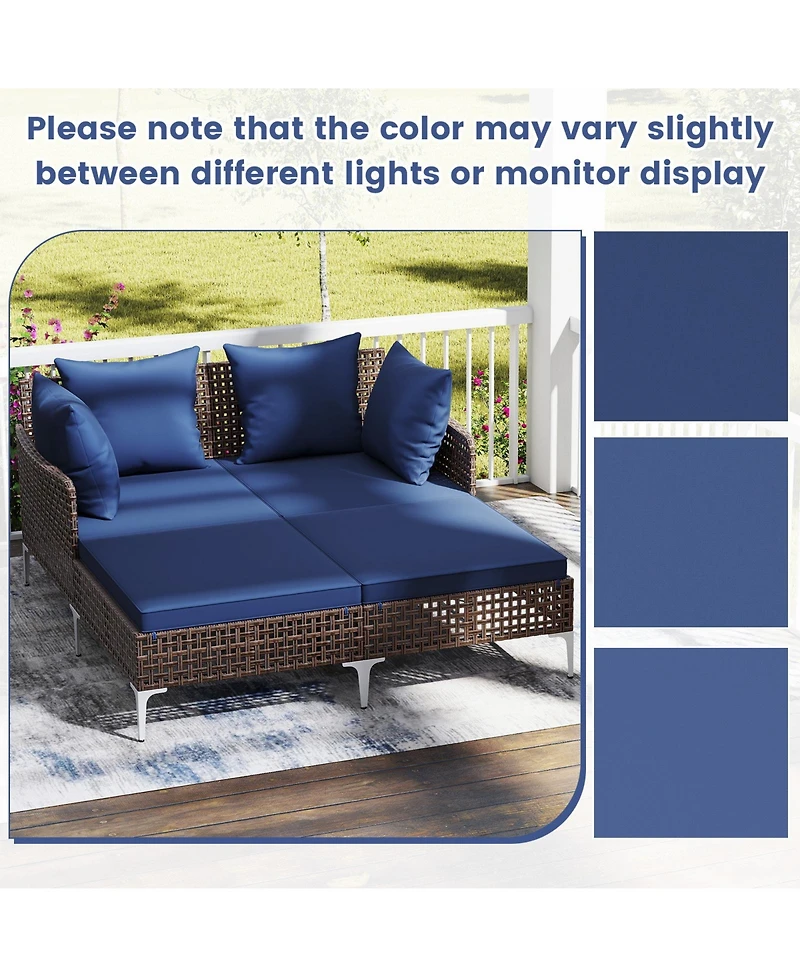 Gymax Outdoor Rattan Double Daybed Wicker Chaise Lounge for 2 w/ Seat & Back Cushions