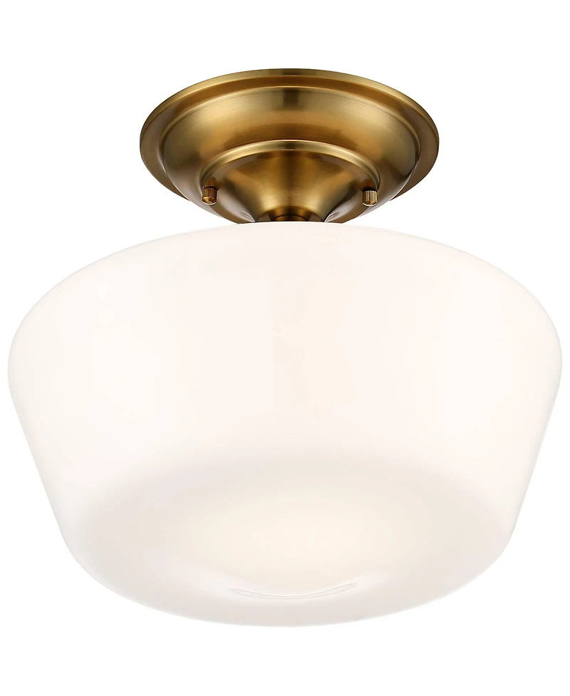 Regency Hill Schoolhouse Rustic Farmhouse Ceiling Light Semi Flush Mount Fixture Set of 2 Soft Gold Metal Opal Glass for Bedroom