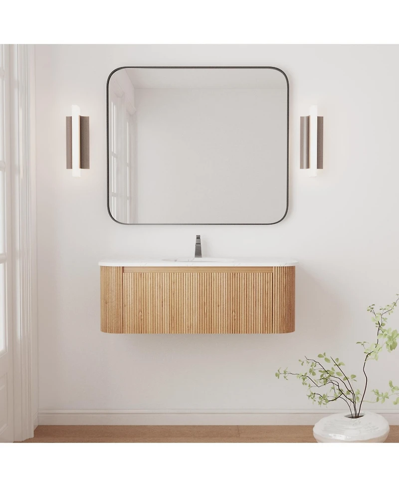 Busdays 42 Inch Wall Mounted Bathroom Vanity with Carrara Artificial Marble Countertop Ceramic Sink Curved Stripe Design Pre Assembled