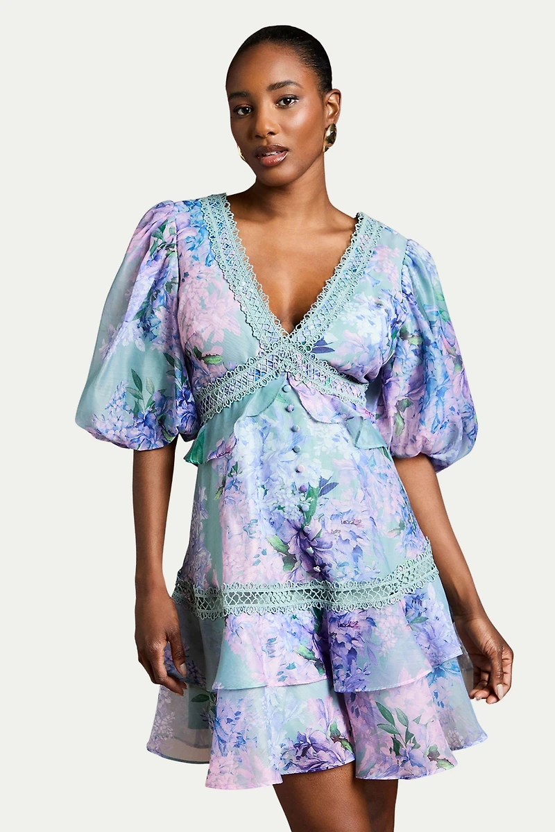 Coast Women's Lace Trim Puff Sleeve Organza Mini Dress