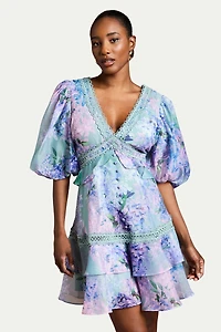 Coast Women's Lace Trim Puff Sleeve Organza Mini Dress