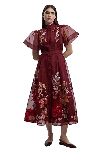 Karen Millen Women's Embroidered Short Sleeve Midi Dress