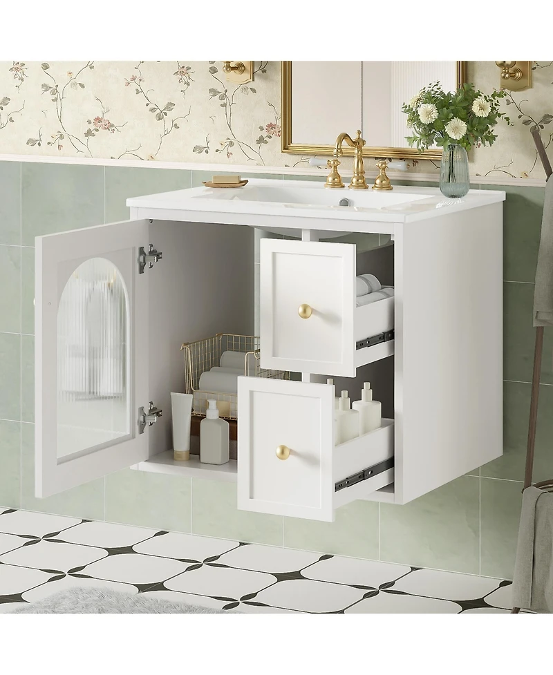 Busdays 24 Inch Wall Mounted Bathroom Vanity Set with Ceramic Sink 2 Drawers 1 Soft Close Door Small Space Storage Cabinet