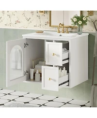 Busdays 24 Inch Wall Mounted Bathroom Vanity Set with Ceramic Sink 2 Drawers 1 Soft Close Door Small Space Storage Cabinet