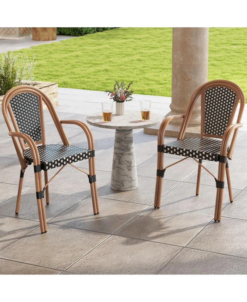 Gouun Set of 2 Hand-Woven Pe Wicker Outdoor French Bistro Chairs with Galvanized Steel Frame