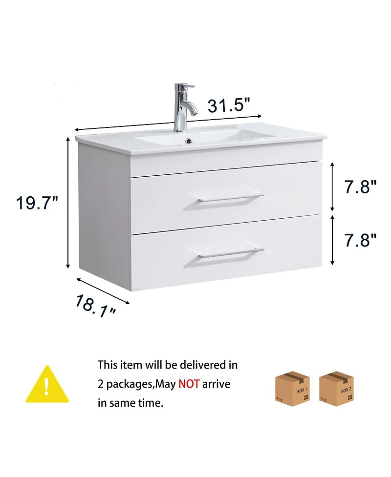 Sillysis Glossy White Wall Mounted Bathroom Vanity with Sink , Soft Close Drawers