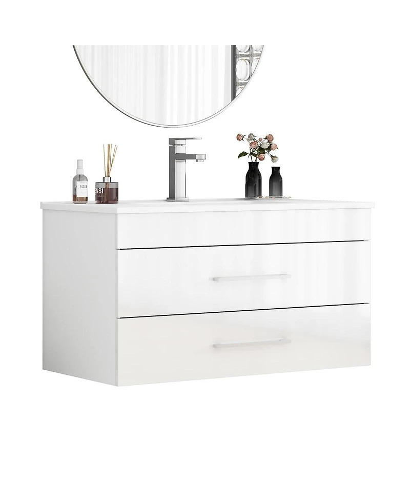 Sillysis Glossy White Wall Mounted Bathroom Vanity with Sink , Soft Close Drawers