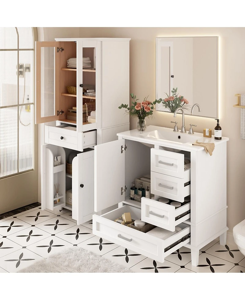 Sillysis 30 Inch Bathroom Vanity Set with Tall Storage Cabinet, Ceramic Sink, Soft Close Drawers for Modern