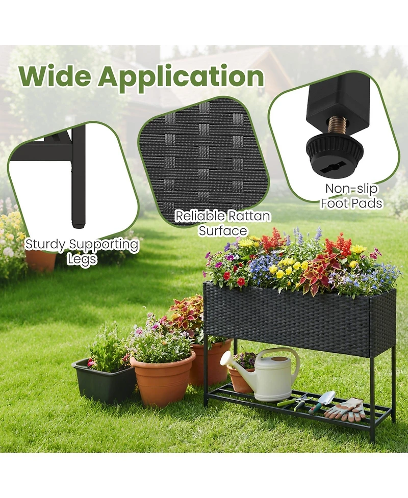 Gymax Elevated Planter Box Raised Garden Bed Rattan Surface Bottom Storage Shelf