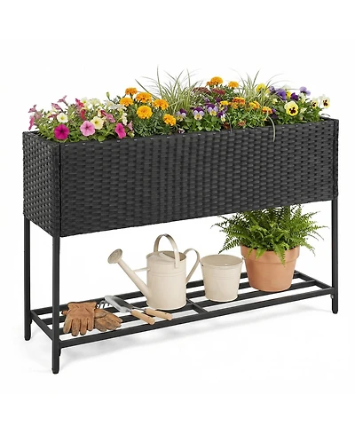 Gymax Elevated Planter Box Raised Garden Bed Rattan Surface Bottom Storage Shelf