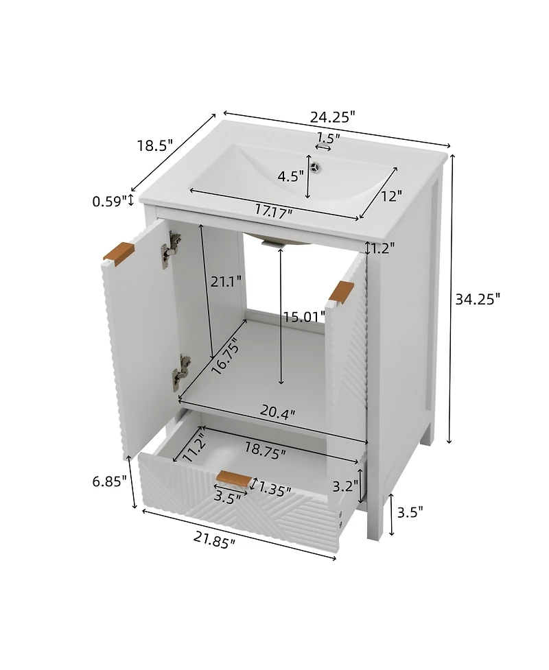 Busdays 24 Inch Bathroom Vanity with Sink Modern Single Hole Faucet Textured Door Panel Drawer Pine Legs Large Storage Soft Close Hinges