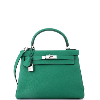 Pre-Owned HERMES Kelly 28 Handbag Green Togo with Palladium Hardware