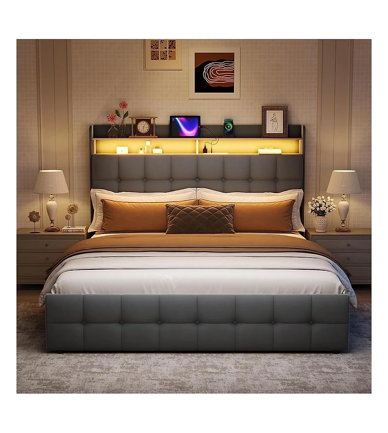 gaomon Bed Frame with Headboard and 2 Storage Drawers, Upholstered Bed Frame with Led Light, Modern Soft Bed with Charging Socket and Usb