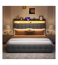 gaomon Bed Frame with Headboard and 2 Storage Drawers, Upholstered Bed Frame with Led Light, Modern Soft Bed with Charging Socket and Usb