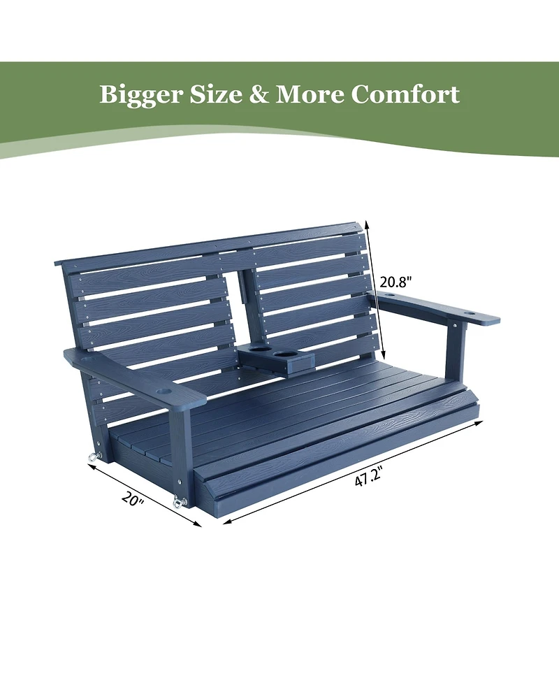 Mega Casa 2-Seat Poly Lumber Hips Porch Swing with Foldable Cup Holders and Curved Deep Seat for Outdoor Garden