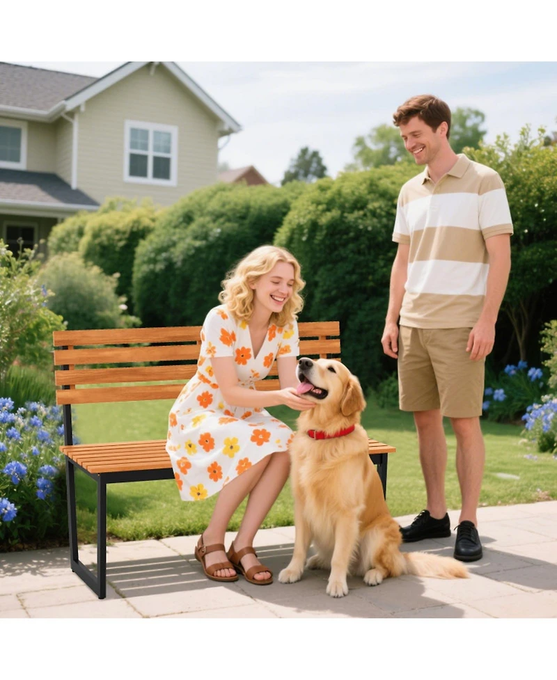 Sugift Acacia Wood Two-Person Outdoor Loveseat with Metal Frame