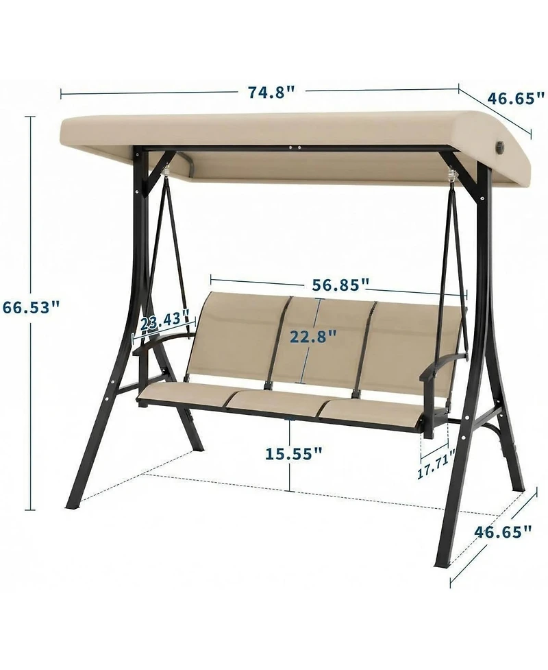 gaomon 3-Seat Outdoor Patio Swing Chair, Porch Hanging Bench with Adjustable Canopy, Armrests, and Breathable Textilene Fabric for Garden, Backyard