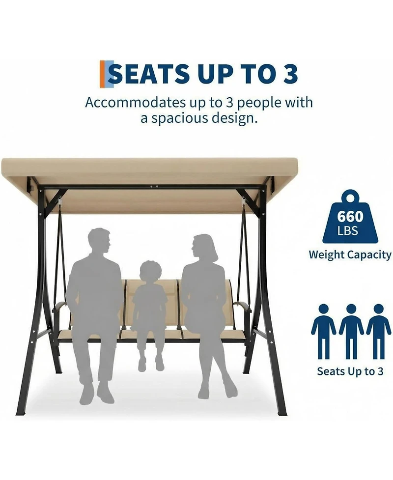 gaomon 3-Seat Outdoor Patio Swing Chair, Porch Hanging Bench with Adjustable Canopy, Armrests, and Breathable Textilene Fabric for Garden, Backyard
