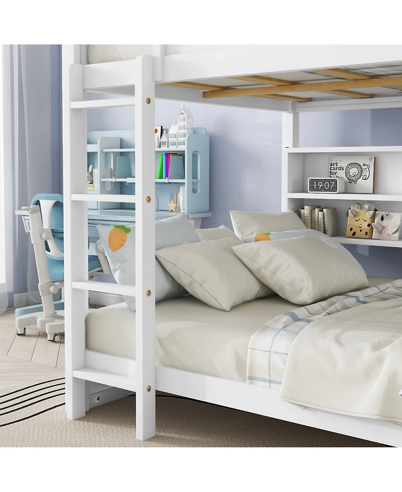 Sailvan Bunk Bed, Solid Pine Wood with Built-in Storage Cabinets, Charging Station
