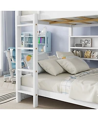 Sailvan Bunk Bed, Solid Pine Wood with Built-in Storage Cabinets, Charging Station