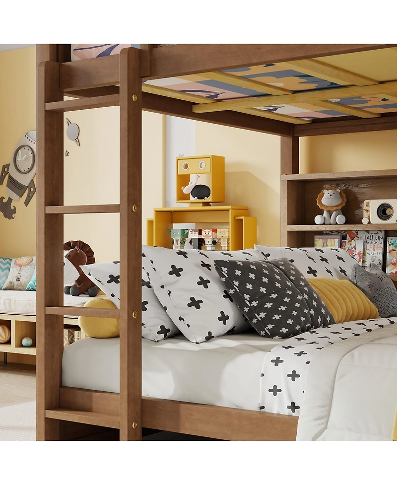 Sailvan Bunk Bed, Solid Pine Wood with Built-in Storage Cabinets, Charging Station