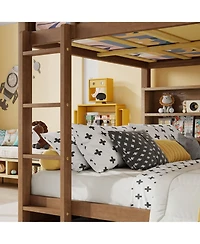 Sailvan Bunk Bed, Solid Pine Wood with Built-in Storage Cabinets, Charging Station