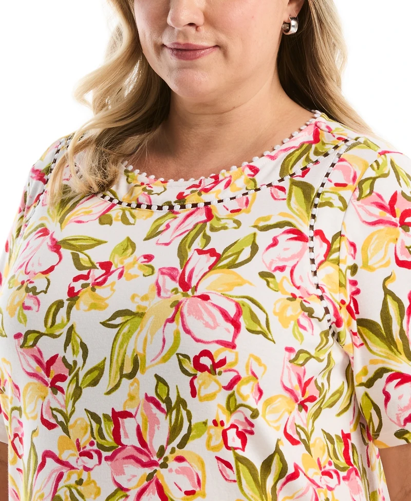 Rafaella Plus Petal Print Pom Trim Detail Short-Sleeve Top