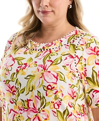 Rafaella Plus Petal Print Pom Trim Detail Short-Sleeve Top