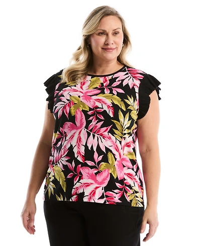 Rafaella Plus Tropical Print Ruffle Cap-Sleeve Top