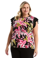 Rafaella Plus Tropical Print Ruffle Cap-Sleeve Top