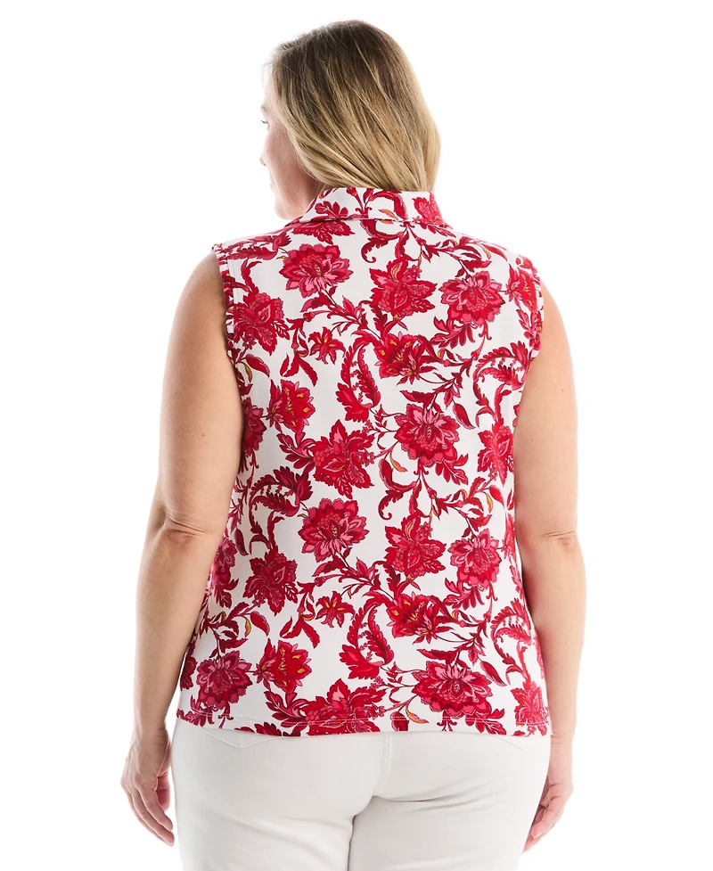 Rafaella Plus Botanical Print Ruffle Trim Sleeveless Polo Shirt