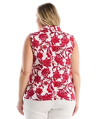Rafaella Plus Botanical Print Ruffle Trim Sleeveless Polo Shirt