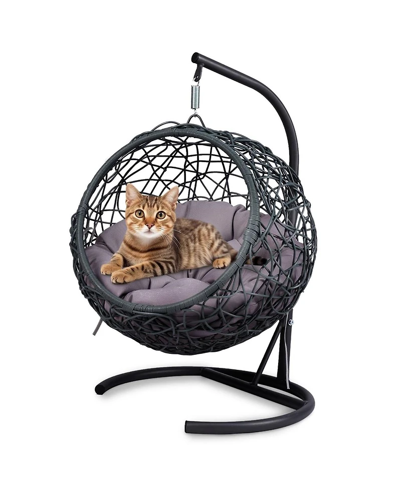 6thdruple Indoor Cat House Swing Bed, Gray Rattan Egg Chair with Cushion, for Cats and Small Pets