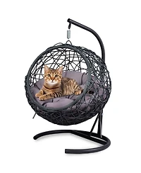 6thdruple Indoor Cat House Swing Bed, Gray Rattan Egg Chair with Cushion, for Cats and Small Pets