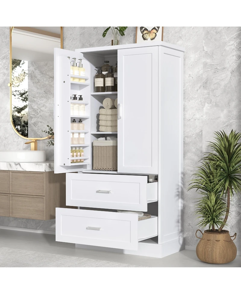 Busdays Tall Bathroom Storage Cabinet 2 Doors 2 Drawers Adjustable Shelf Mdf Board Two Packages
