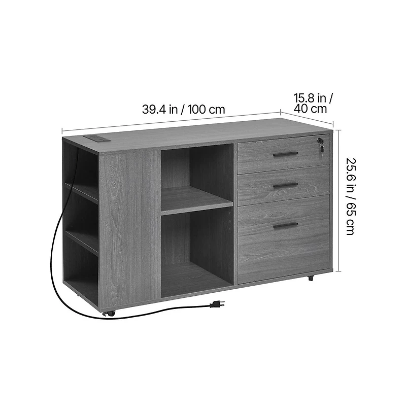 Sugift 3 Drawer Wooden File Cabinet Mobile Filing Cabinet with Power Strip Lockable Rolling File