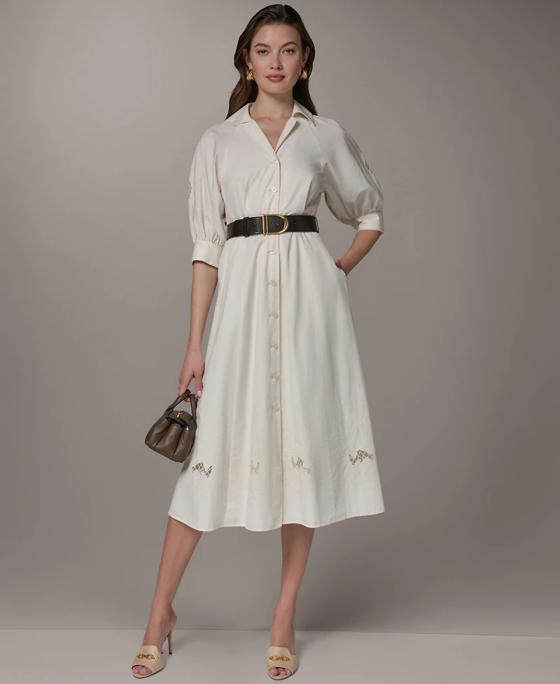 Donna Karan New York Women's Collared Shirt Midi Dress with Pu Belt