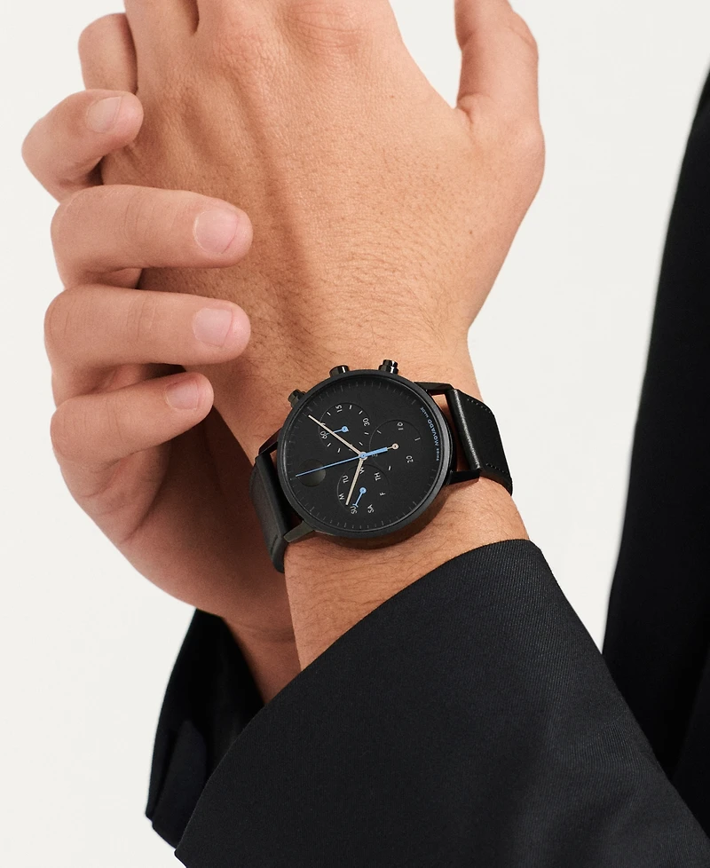 Movado Men's Face Swiss Quartz Chrono Black Leather Watch 43mm