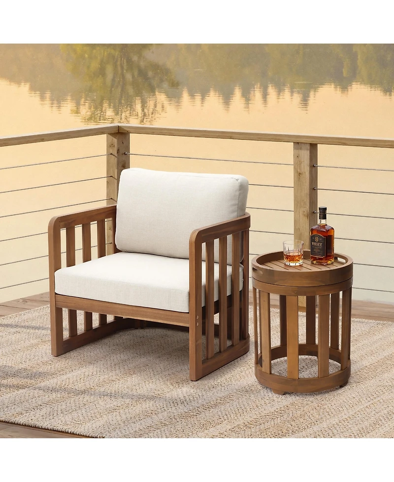 LuxenHome Acacia Outdoor Drum Side Table, Round Patio Table with Removable Tray Top and Oil Finish