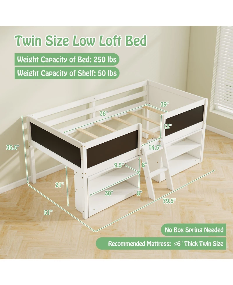 Gouun Twin Size Kids Low Loft Bed with Chalkboard, Ramp Ladder and Bookcases