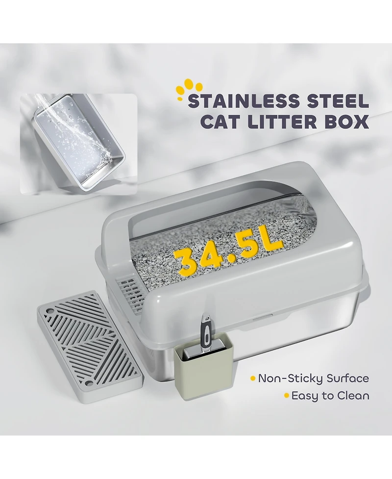 PawHut 2 Pack Stainless Steel Litter Box with Metal Scoop & Scoop Holder