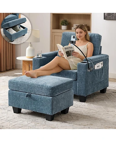 Rainsken Modern Accent Chair Ottoman Set, Multi-Functional Convertible Chaise Sleeper Bed Featuring Usb Charging and Phone Holder for Living Room