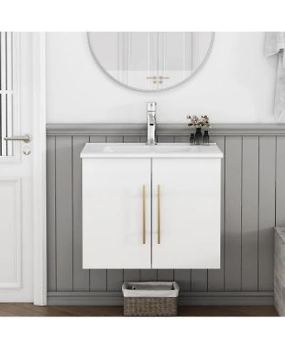 Sillysis Wall Mounted Bathroom Vanity With Sink Double Doors Soft Close Hinges Modern Glossy Cabinet For Small Spaces