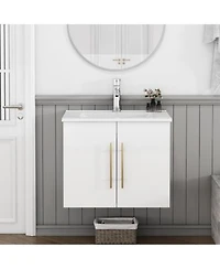 Sillysis Wall Mounted Bathroom Vanity With Sink Double Doors Soft Close Hinges Modern Glossy Cabinet For Small Spaces