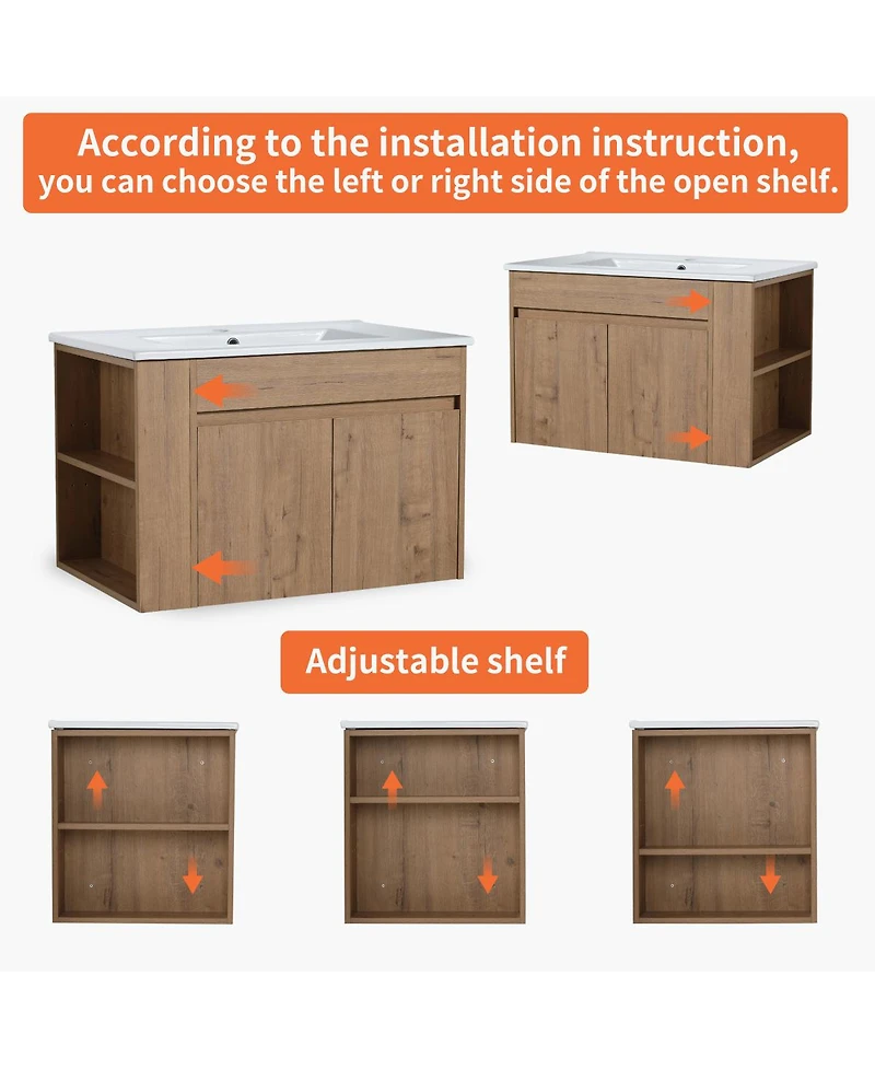 Sillysis 30 Inch Wall Mounted Bathroom Vanity with Black Ceramic Sink, Adjustable Shelf, Modern Plywood Cabinet for Small Spaces